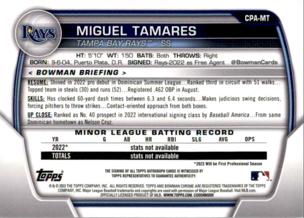 2013 Bowman Prospect Chrome Refractor 1st Bowman On Card Auto Miguel Tamares #CPA-MT card back image