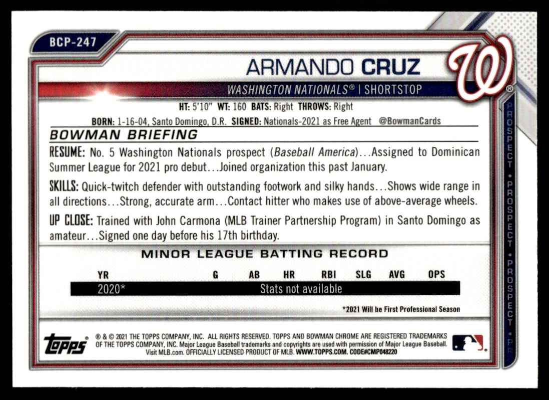 2021 Bowman Chrome Prospects Mojo Refractor Armando Cruz #BCP-247 card back image