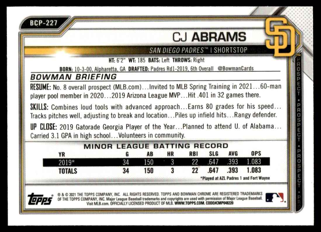 2021 Bowman Chrome Prospects Mojo Refractor CJ Abrams #BCP-227 card back image
