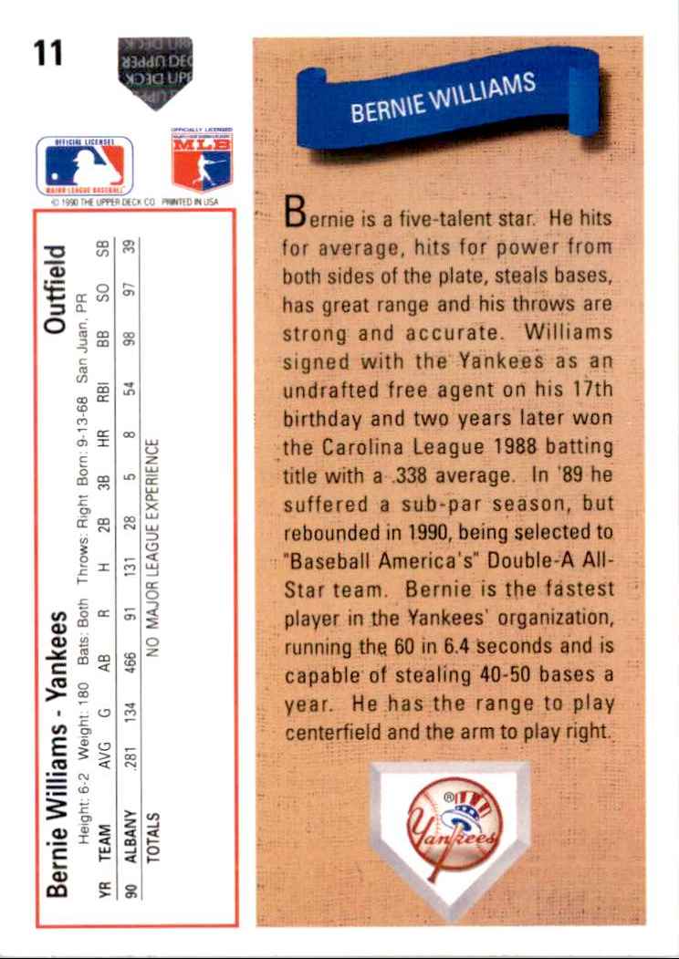 1991 Upper Deck Bernie Williams #11 card back image