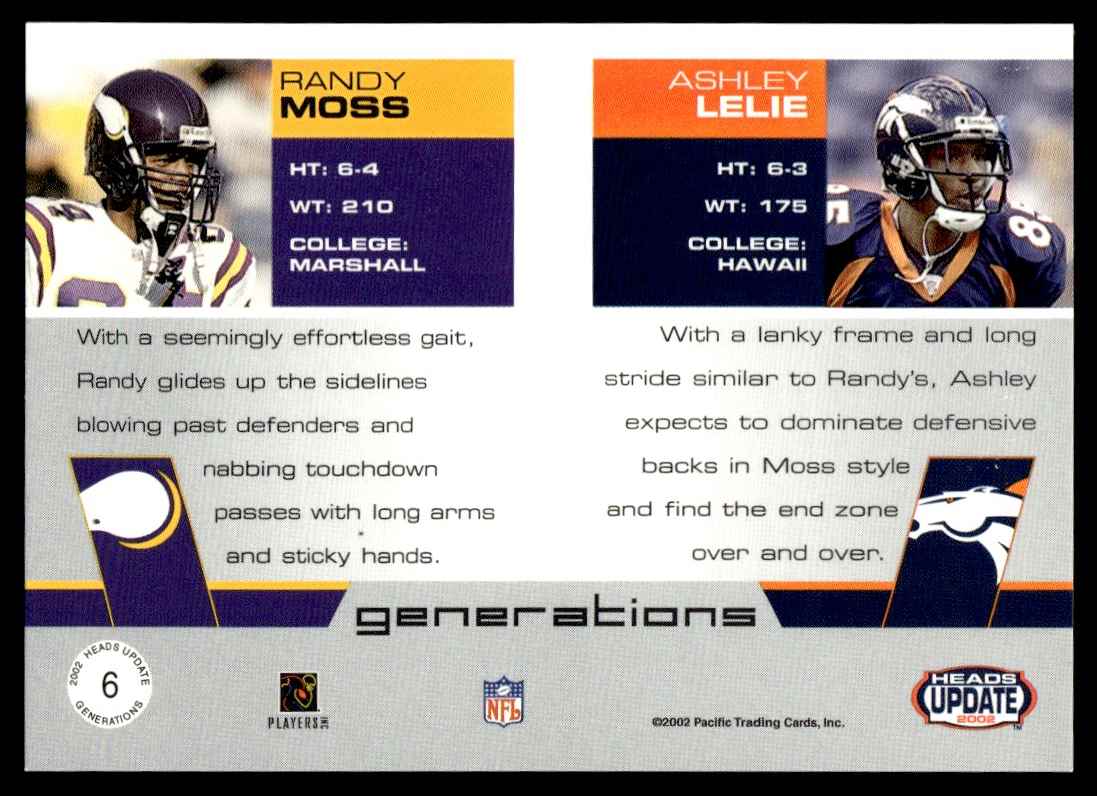 2002 Pacific Heads Update Generations Randy Moss/Ashley Lelie #6 card back image