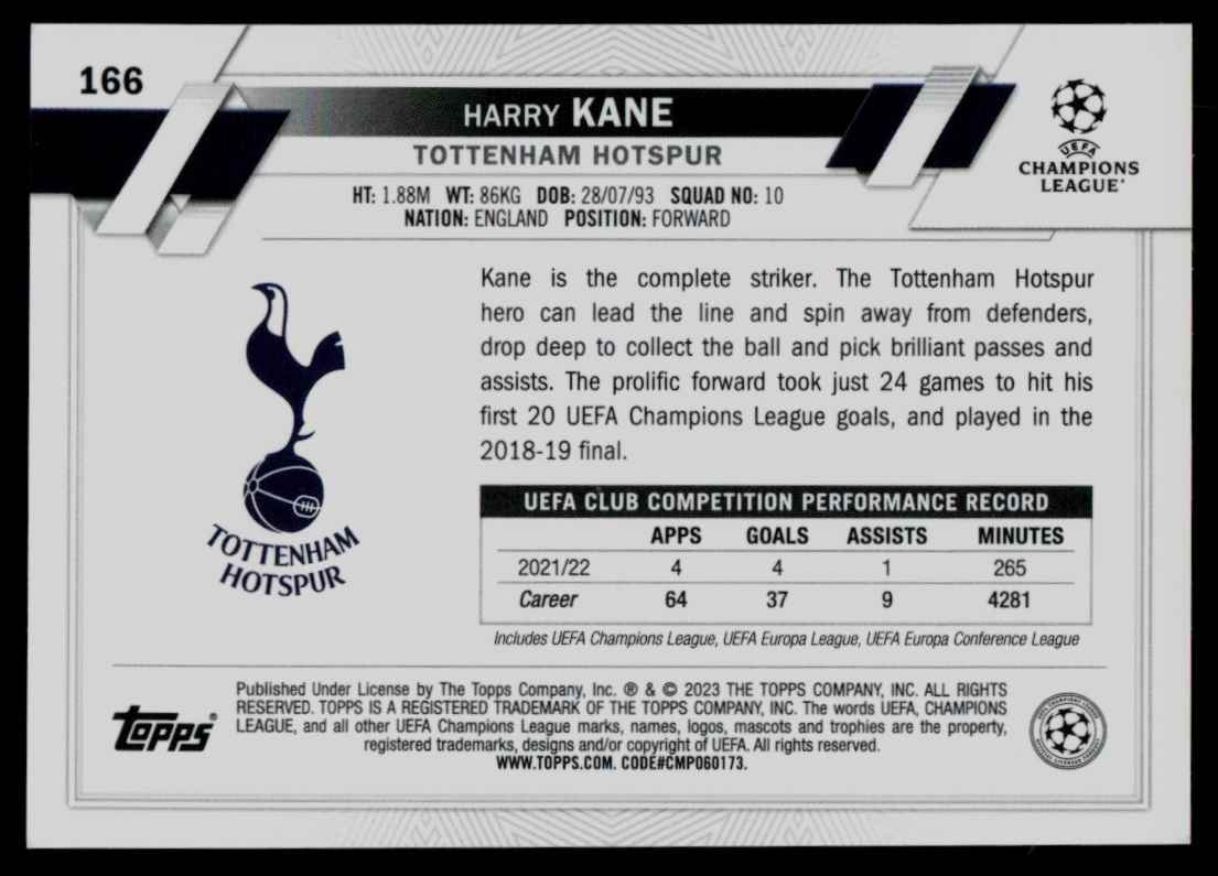 2022 Topps Chrome UEFA Club Competitions Harry Kane #166 card back image