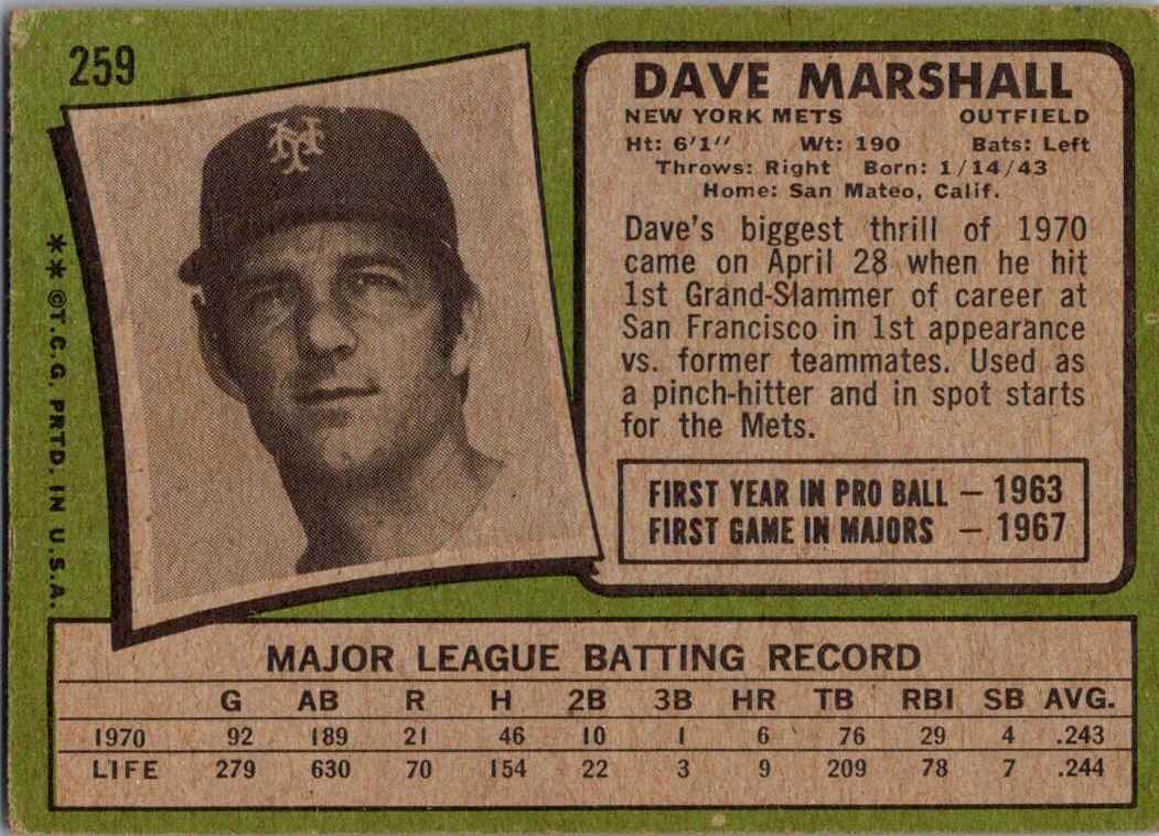 1971 Topps Dave Marshall #259 card back image