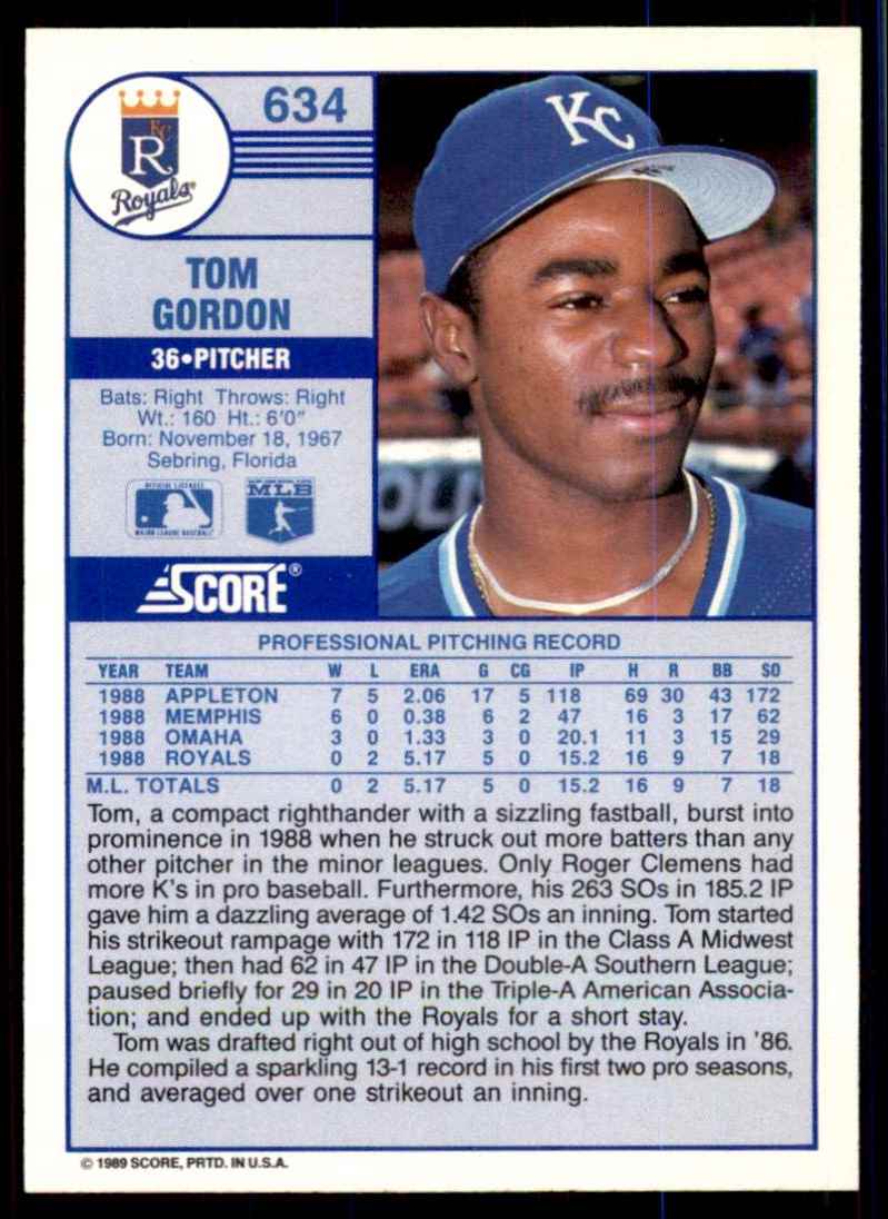 1989 Score Tom Gordon RC UER/Height 6'0" #634 card back image