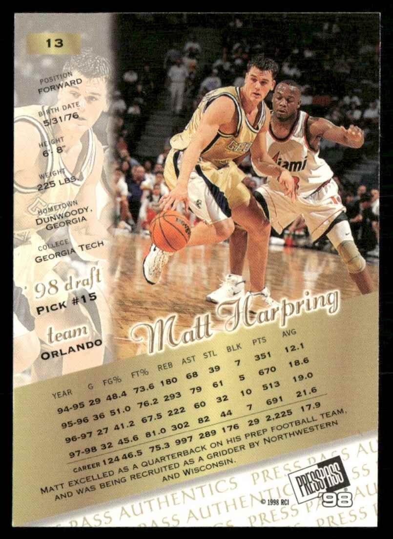 1998-99 Press Pass Authentics Hang Time Matt Harpring #13 card back image
