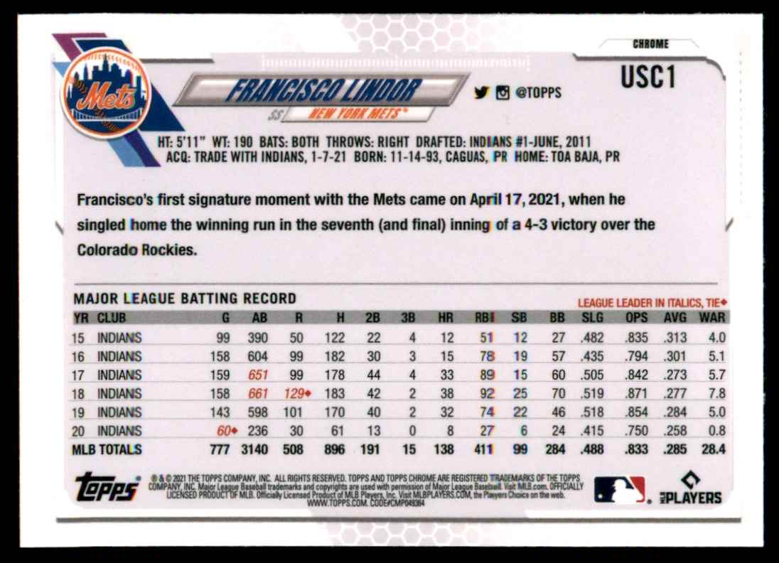 2021 Topps Chrome Update Francisco Lindor #USC1 card back image