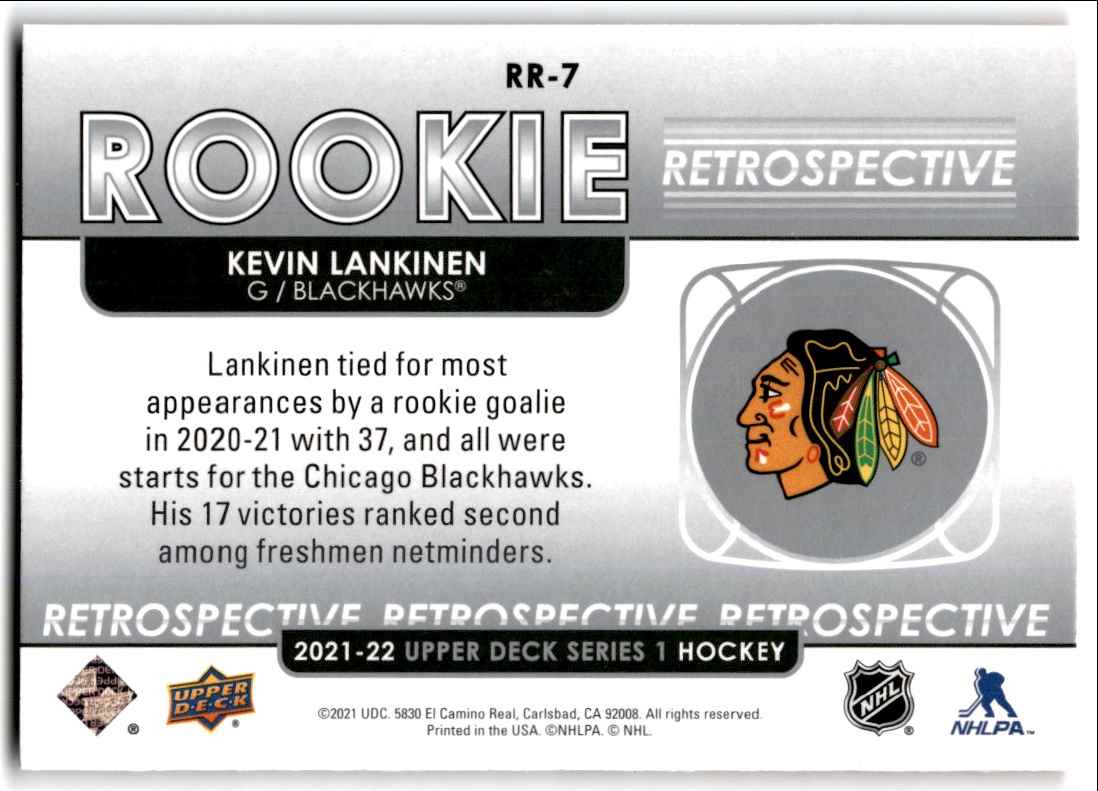 2021-22 Upper Deck Rookie Retrospective Kevin Lankinen #RR-7 card back image