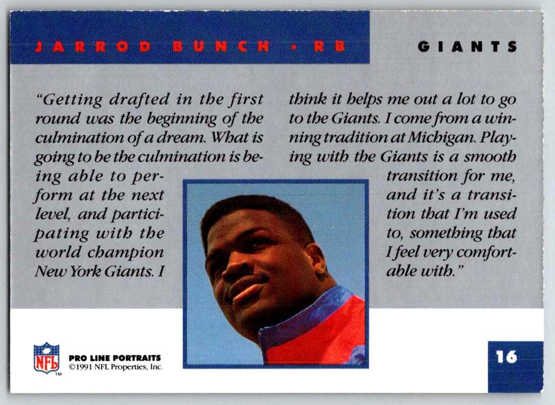 1991 Pro Line Portraits Jarrod Bunch #16 card back image