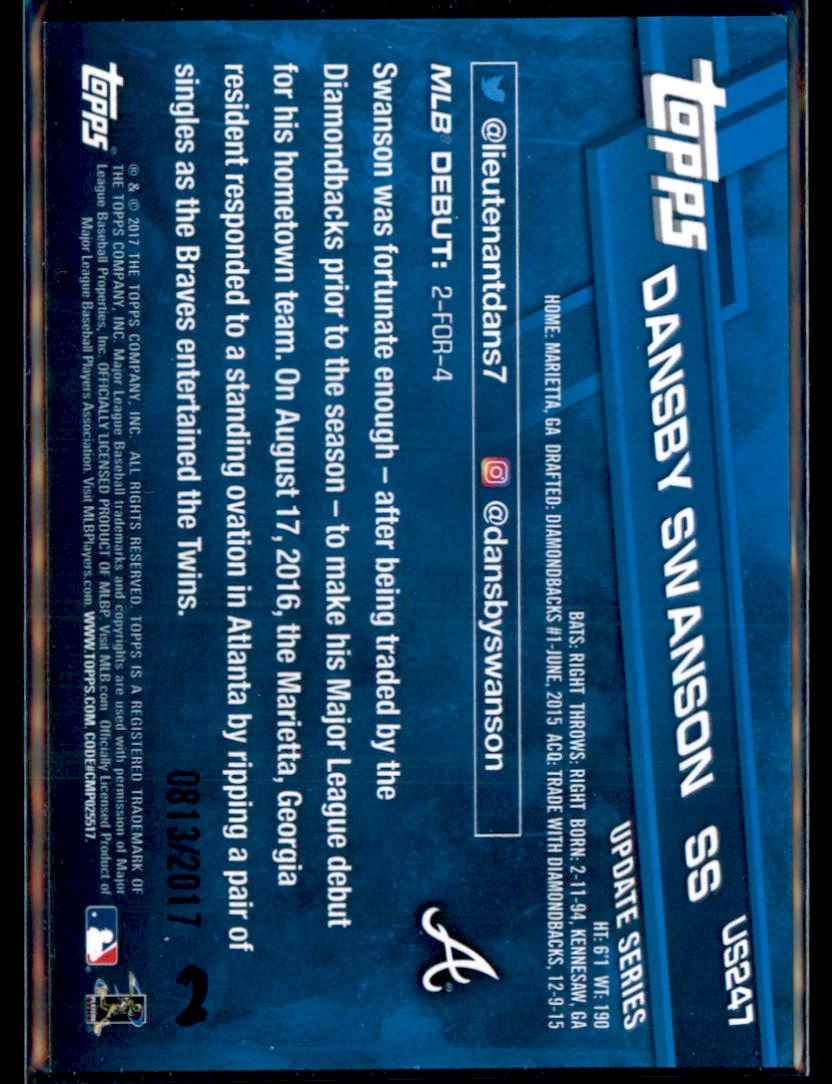 2017 Topps Update Dansby Swanson #US247 card back image