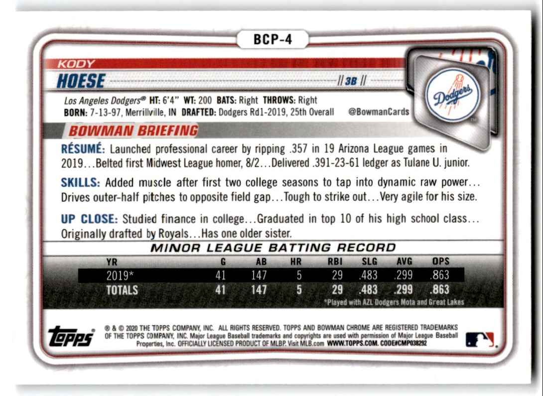 2020 Bowman Chrome Prospects Kody Hoese #BCP-4 card back image