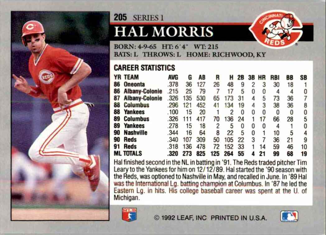 1992 Leaf Series 1 You Tube 15 Hal Morris #205 card back image