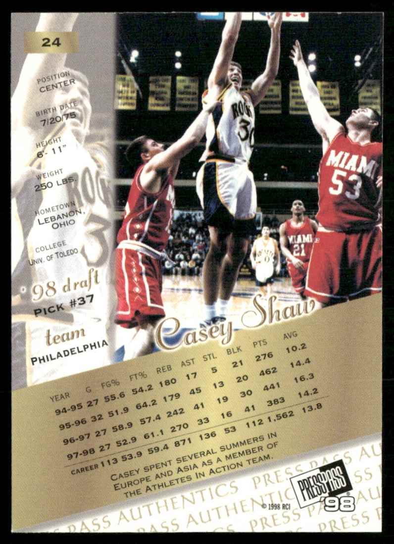 1998-99 Press Pass Authentics Hang Time Casey Shaw #24 card back image
