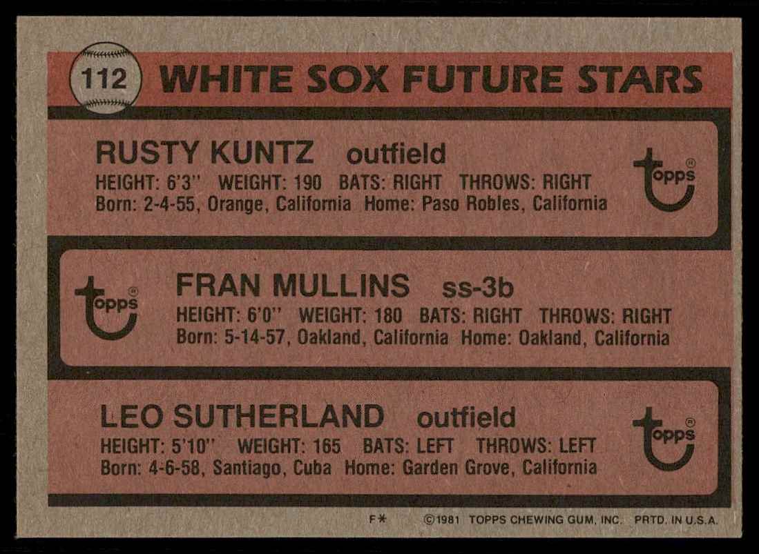 1981 Topps White Sox Future Stars - Rusty Kuntz/Fran Mullins/Leo Sutherland #112 card back image
