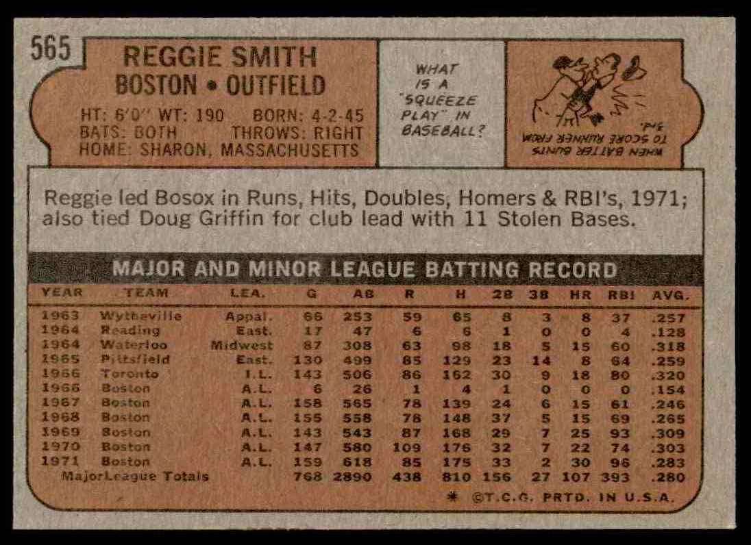 1972 Topps Reggie Smith #565 card back image