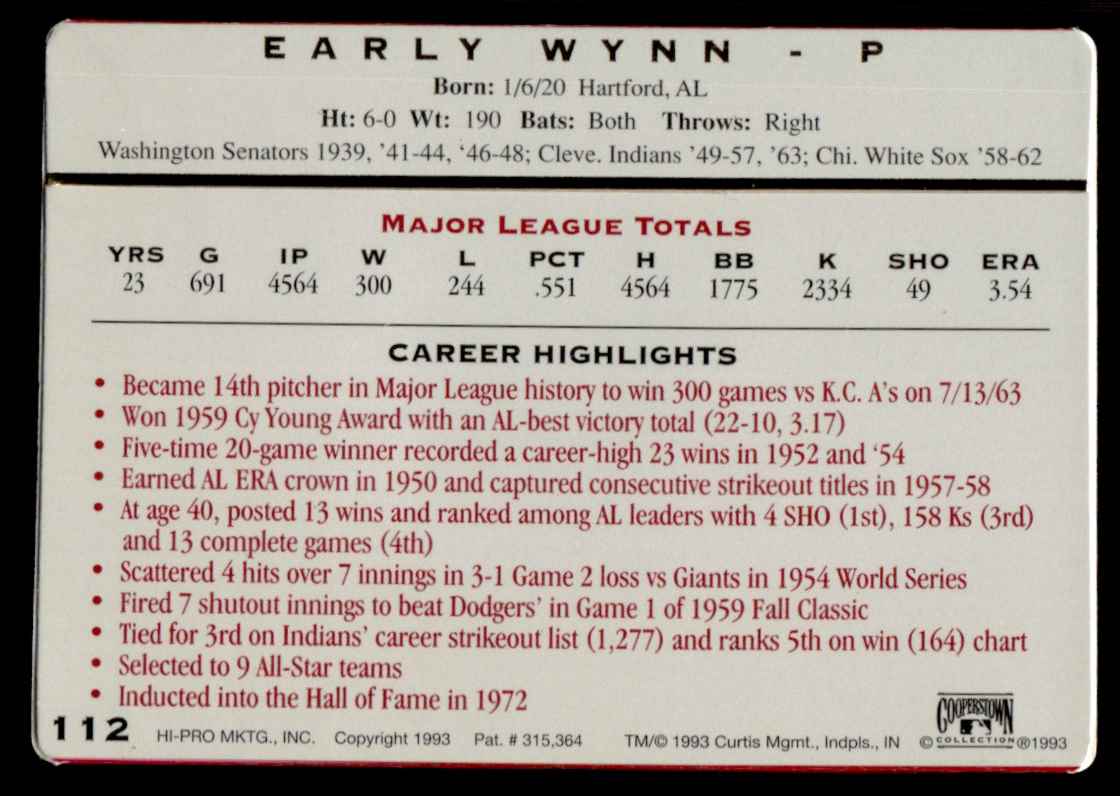 1993 Action Packed All-Star Gallery Early Wynn #112 card back image