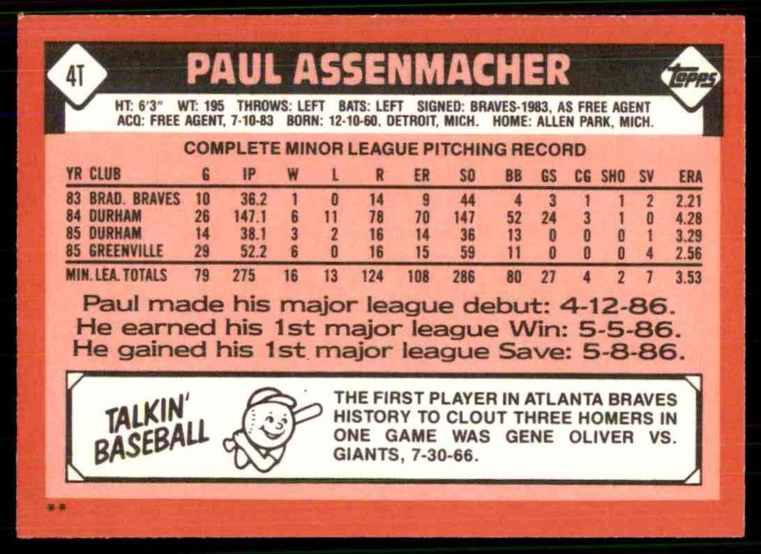 1986 Topps Traded Paul Assenmacher B-2886 #4T card back image