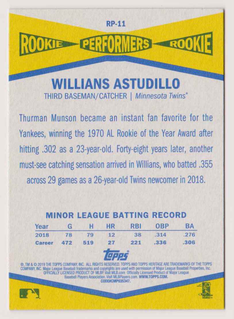 2019 Topps Heritage Willians Astudillo #RP-11 card back image