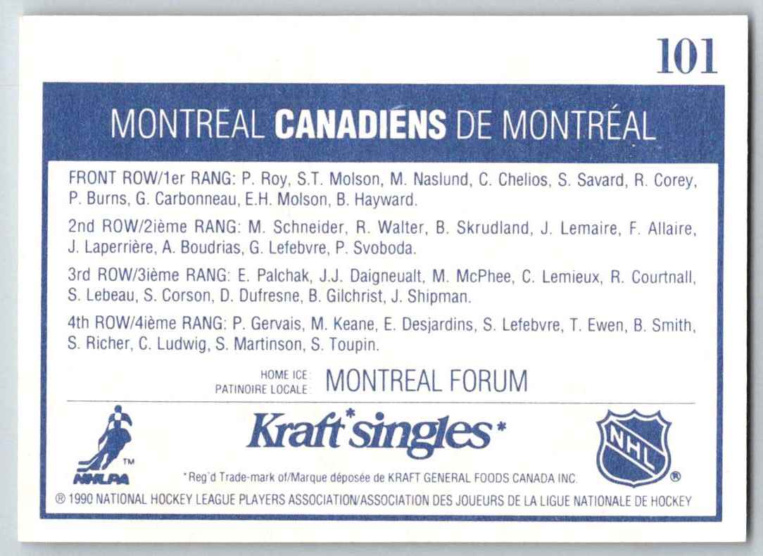 1990-91 Kraft Montreal Canadiens #101 card back image