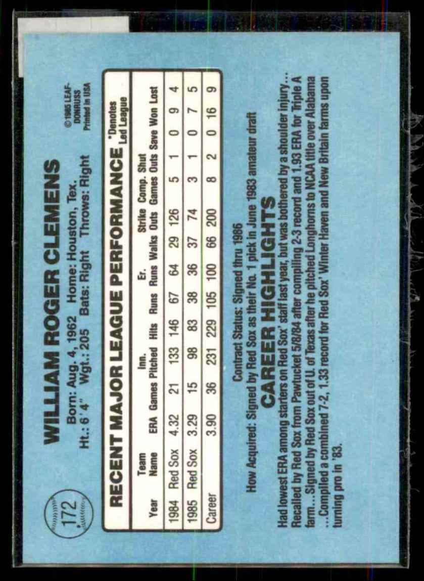 1986 Donruss Roger Clemens #172 card back image