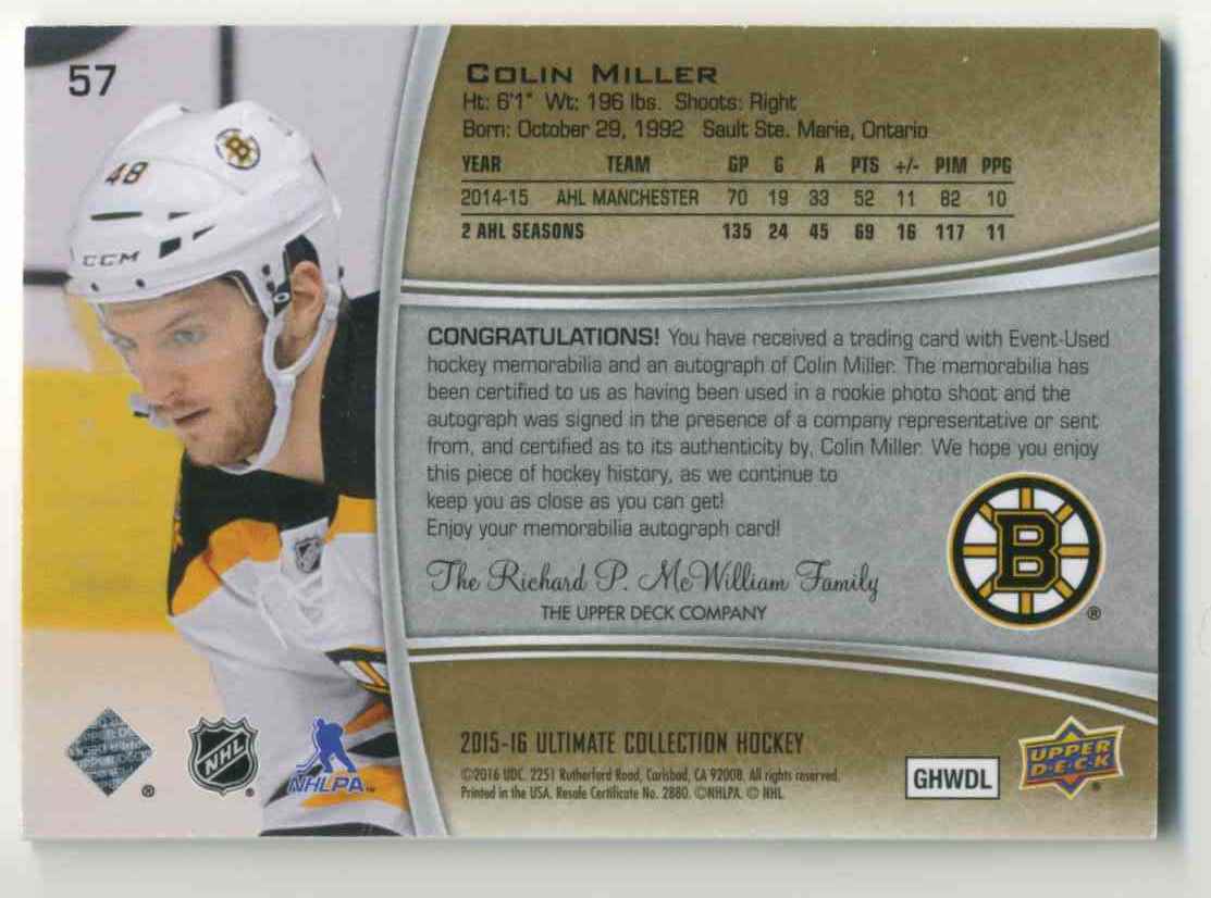 2015-16 Upper Deck Ultimate Collection Silver Colin Miller #57 card back image