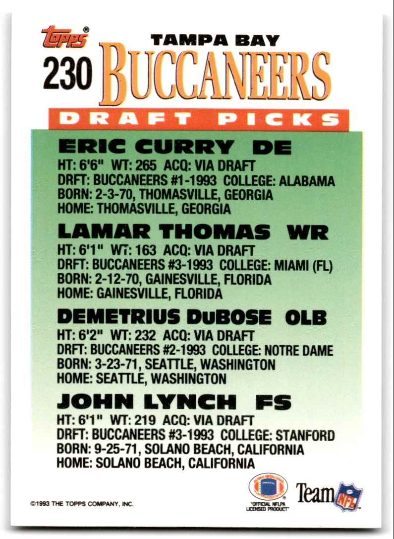 1993 Topps Gold Draft Picks Eric Curry/Lamar Thomas/Demetrius DuBose/John Lynch #232 card back image