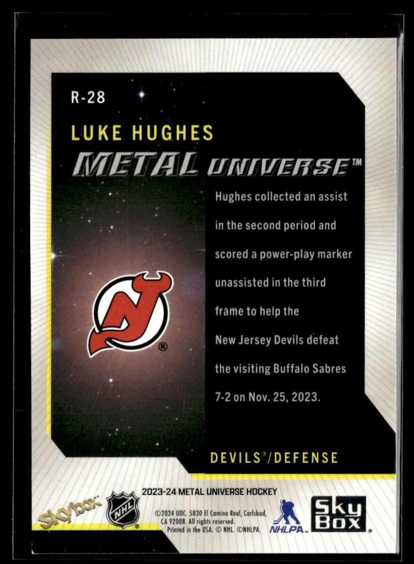 2023-24 SkyBox Metal Universe 2008-09 Rookie Retros Luke Hughes #R-28 card back image