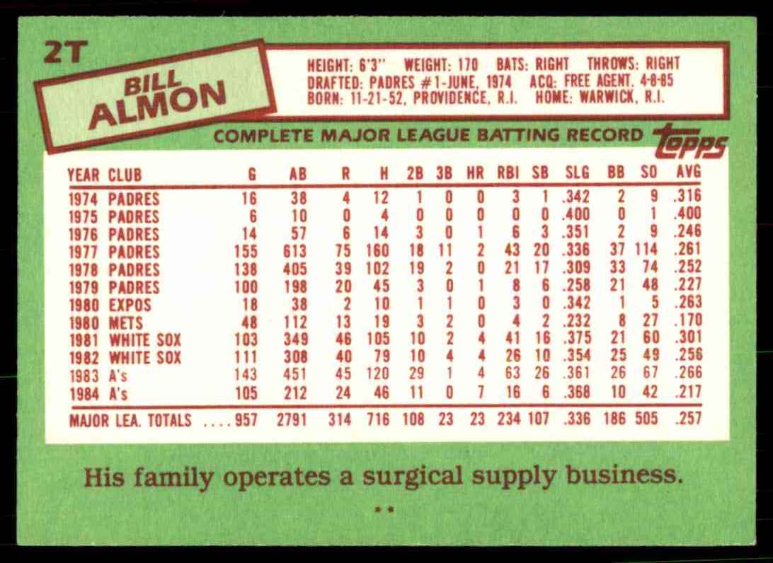 1985 Topps Traded Bill Almon #2T card back image