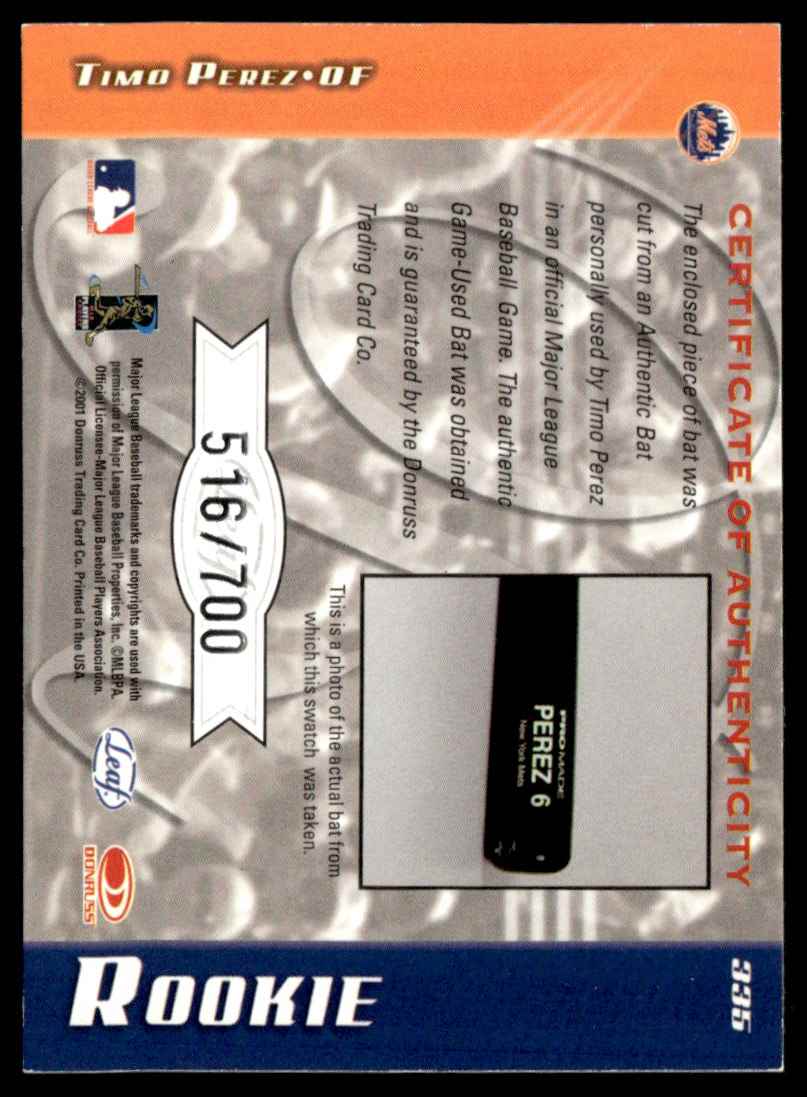 2001 Leaf Limited Timo Perez #335 card back image