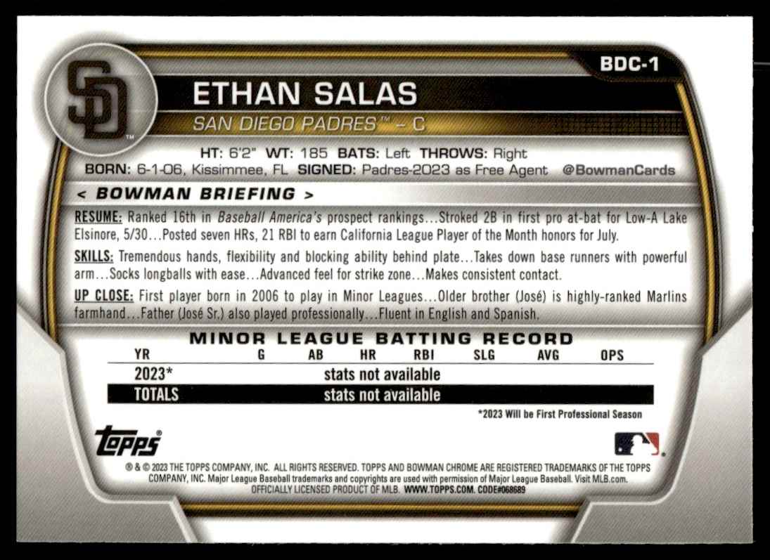 2023 Bowman Draft Chrome Ethan Salas #BDC-1 card back image
