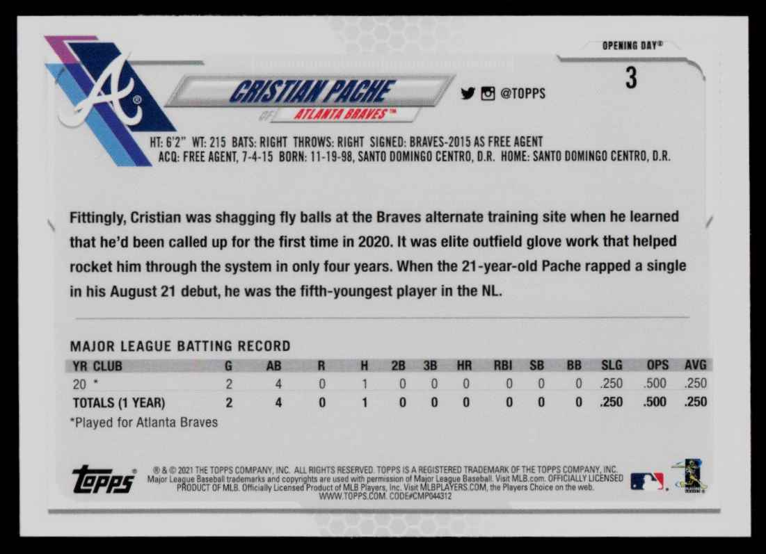 2021 Topps Opening Day Cristian Pache #3 card back image