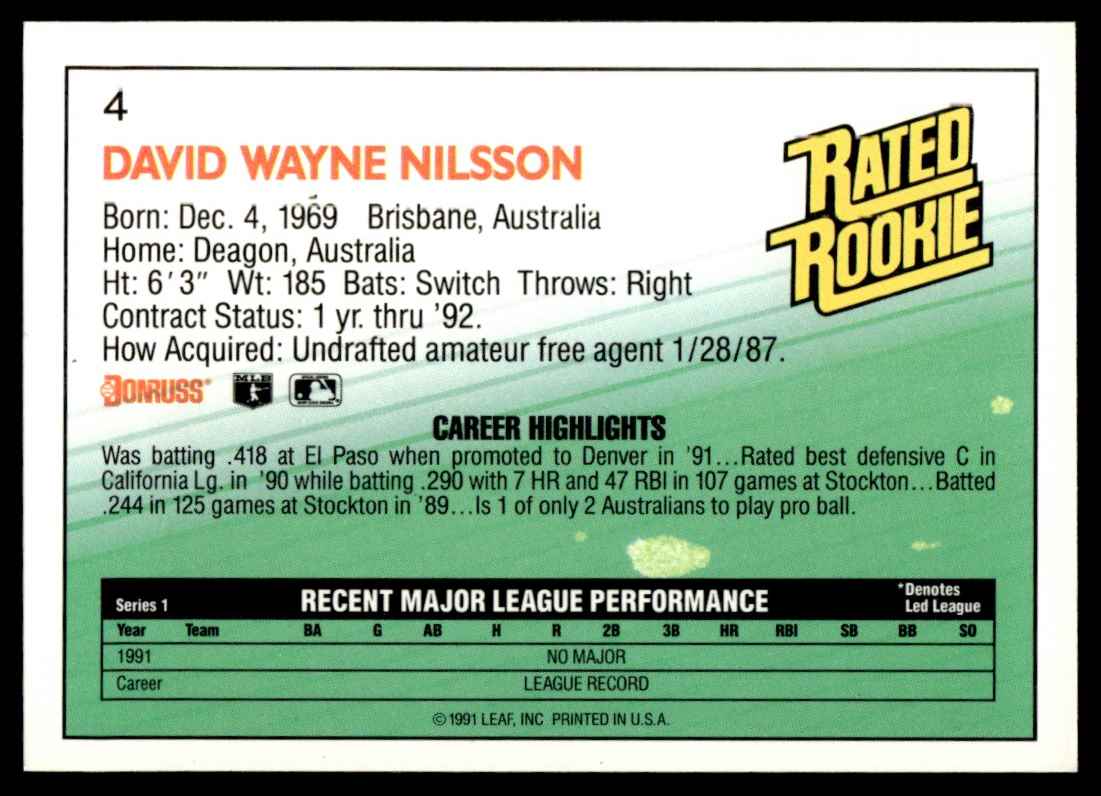 1992 Donruss Dave Nilsson #4 card back image