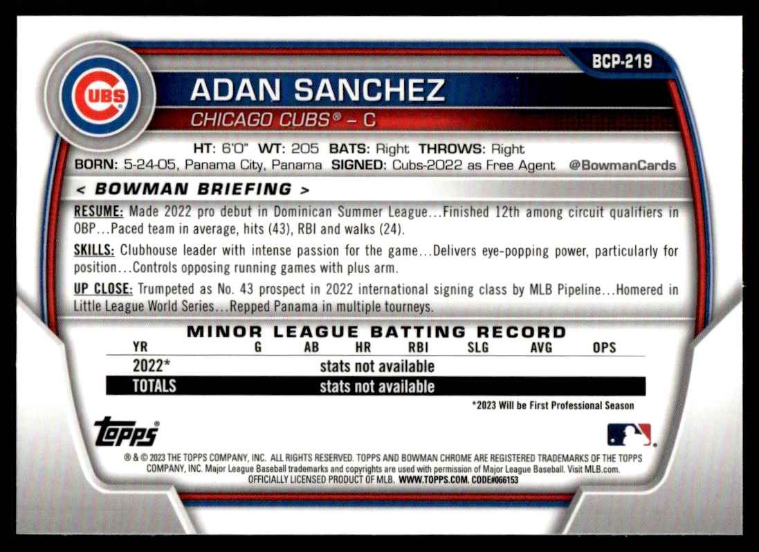 2023 Bowman Chrome Sapphire Adan Sanchez #BCP-219 card back image