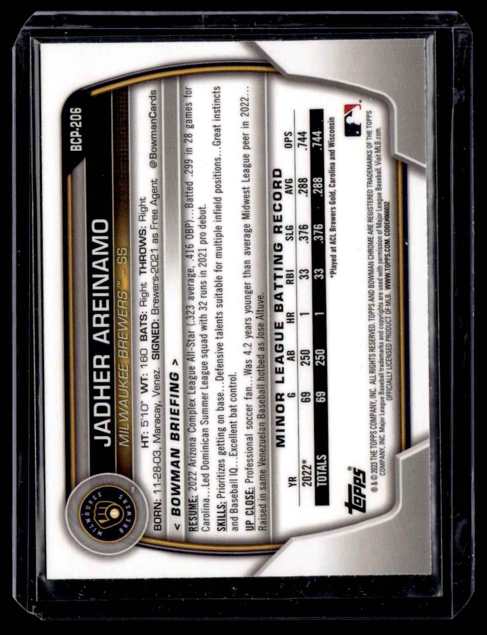 2023 Bowman Chrome Prospects Mojo Jadher Areinamo #BCP-206 card back image