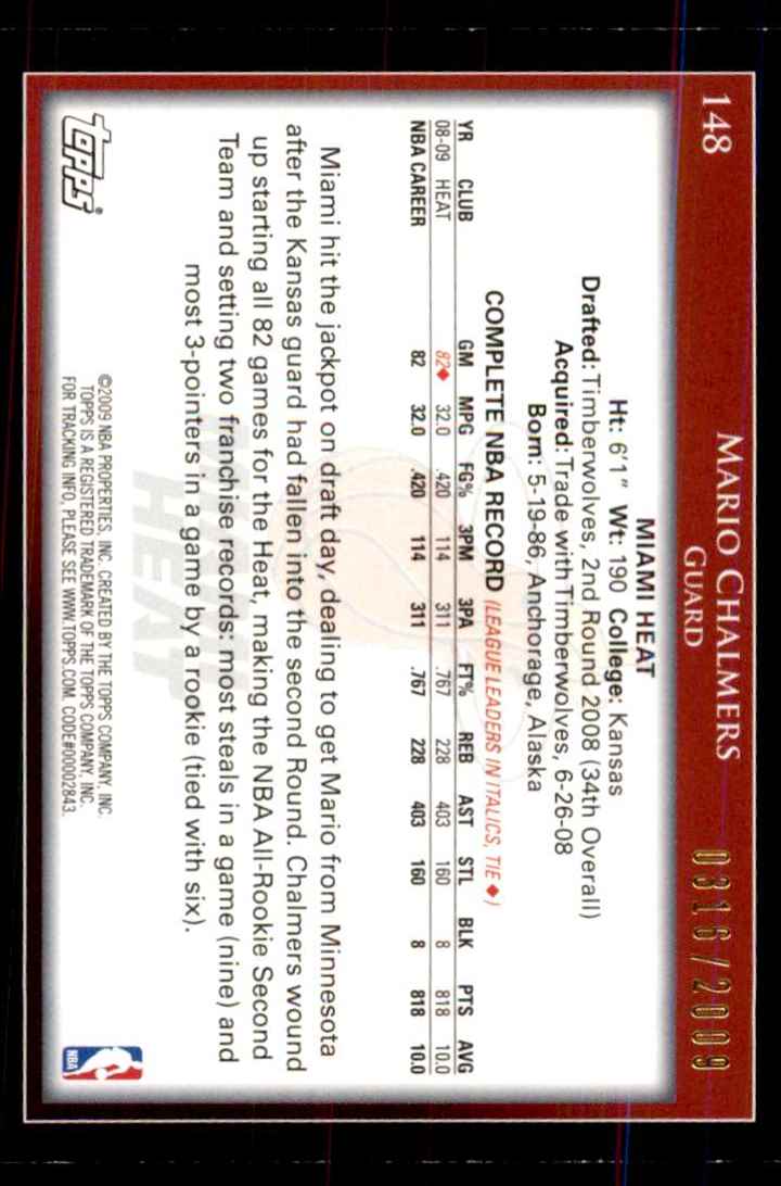 2009-10 Topps Gold Mario Chalmers #148 card back image