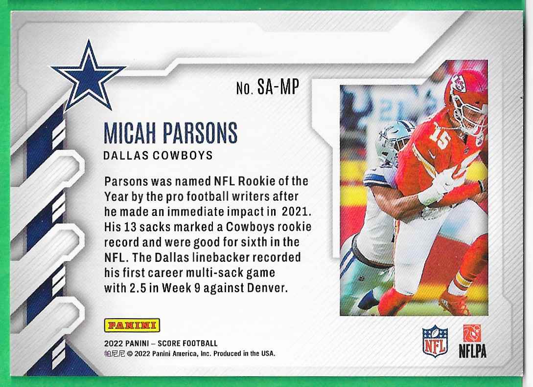 2022 Panini Score Sack Attack Micah Parsons #SA-MP card back image