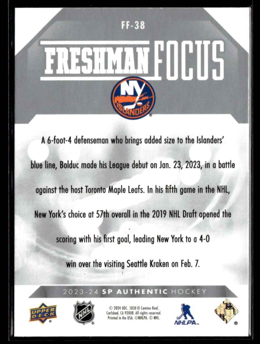 2023-24 SP Authentic Freshman Focus Samuel Bolduc #FF-38 card back image