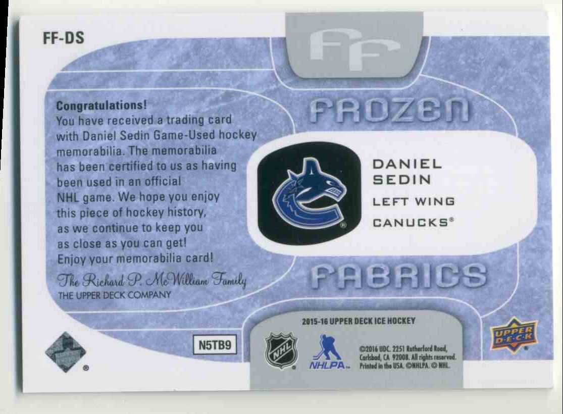 2015-16 Upper Deck Ice Frozen Fabrics Daniel Sedin #FF-DS card back image