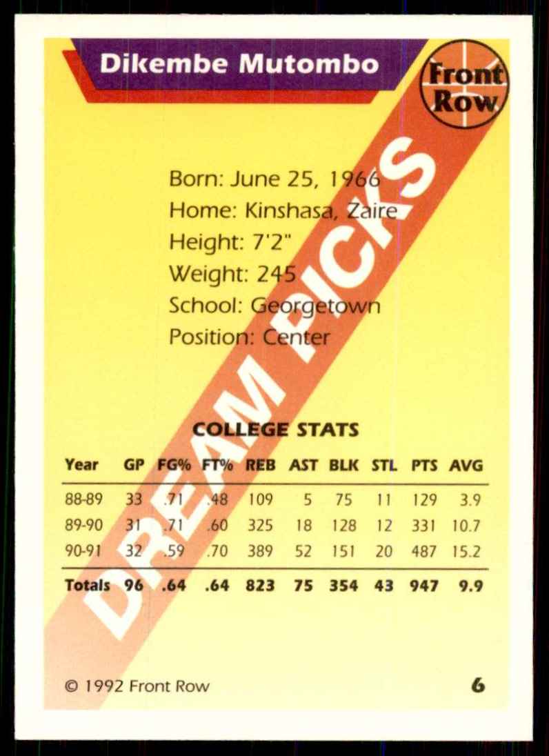 1992-93 Front Row Dream Picks Dikembe Mutombo/College Stats #6 card back image