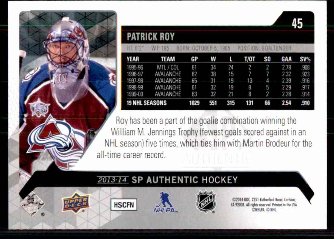 2013-14 SP Authentic Patrick Roy #45 card back image
