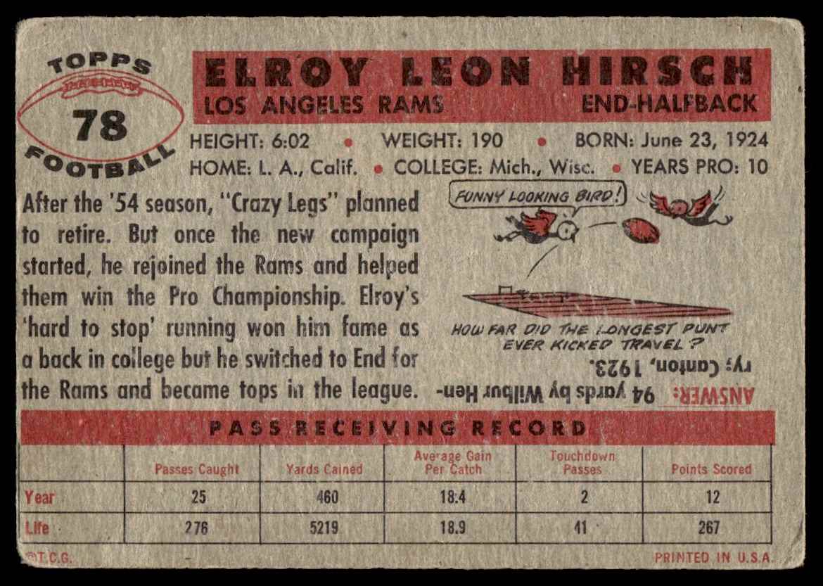 1956 Topps Elroy Hirsch #78 card back image