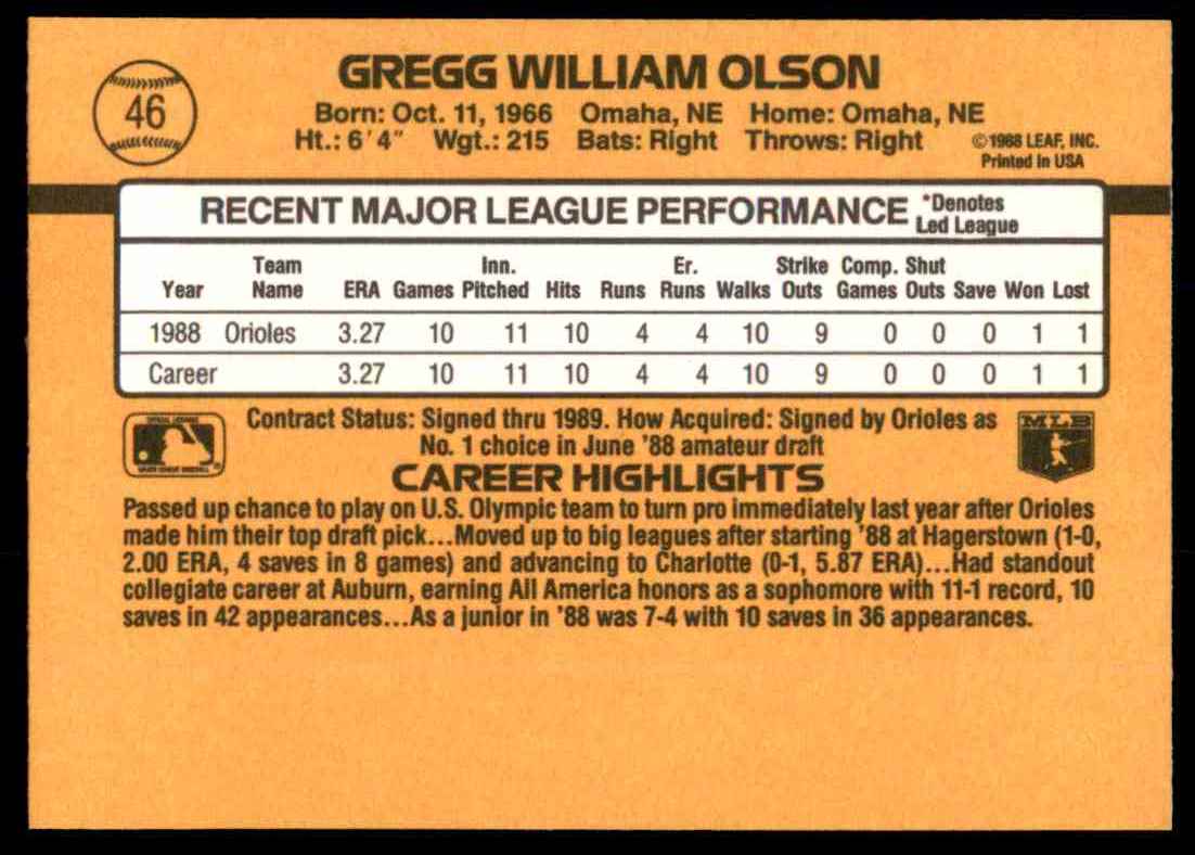 1989 Donruss Gregg Olson #46 card back image