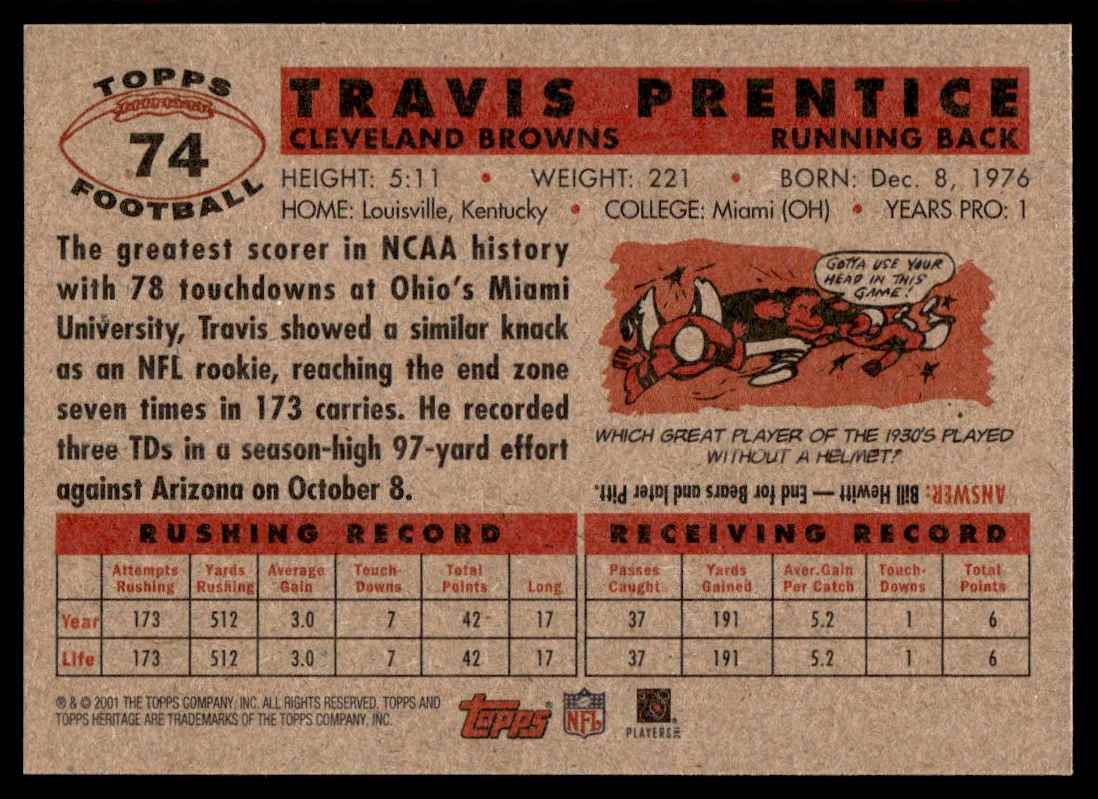 2001 Topps Heritage Travis Prentice #74 card back image