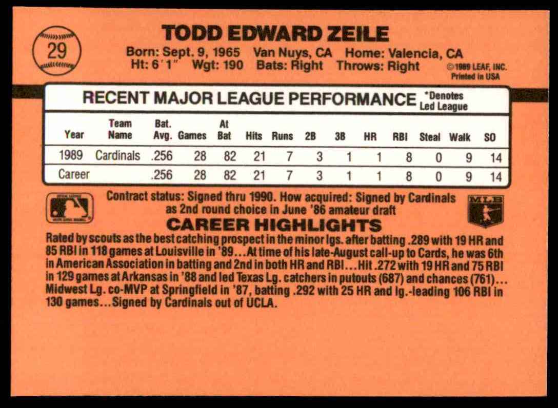 1990 Donruss Todd Zeile #29 card back image