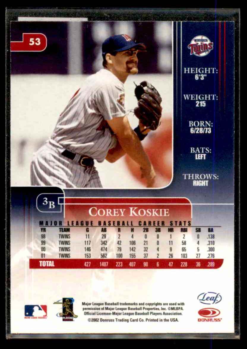 2002 Leaf Rookies & Stars Corey Koskie #53 card back image