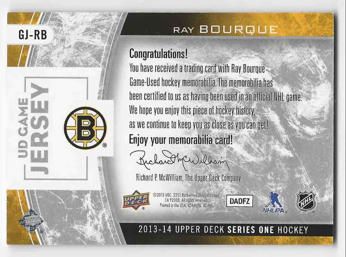 2013-14 Upper Deck Game Jerseys Ray Bourque #GJ-RB card back image