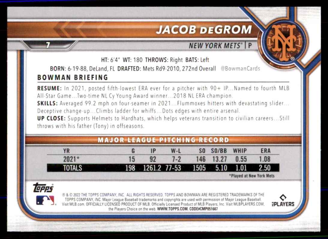 2022 Bowman Jacob deGrom #7 card back image