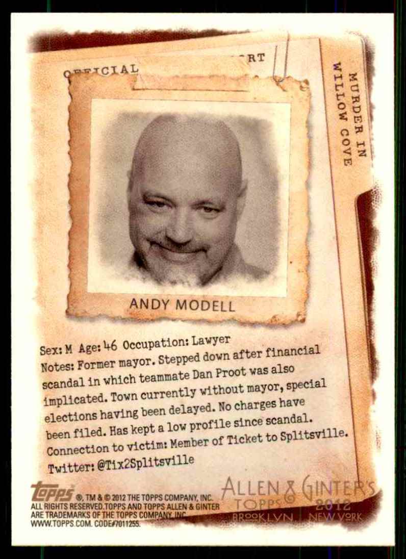2012 Topps Allen & Ginter Murder In Willow Cove Code Cards Andy Modell #1 card back image