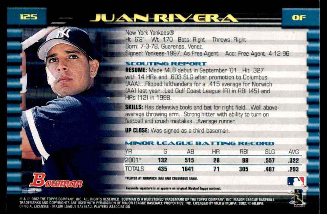 2002 Bowman Bowman Juan Rivera #125 card back image