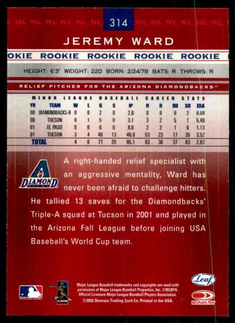 2002 Leaf Rookies & Stars Jeremy Ward Rs RC #314 card back image