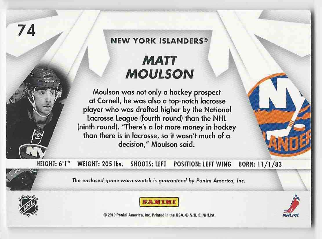 2010-11 Donruss Boys Of Winter Threads Matt Moulson #74 card back image